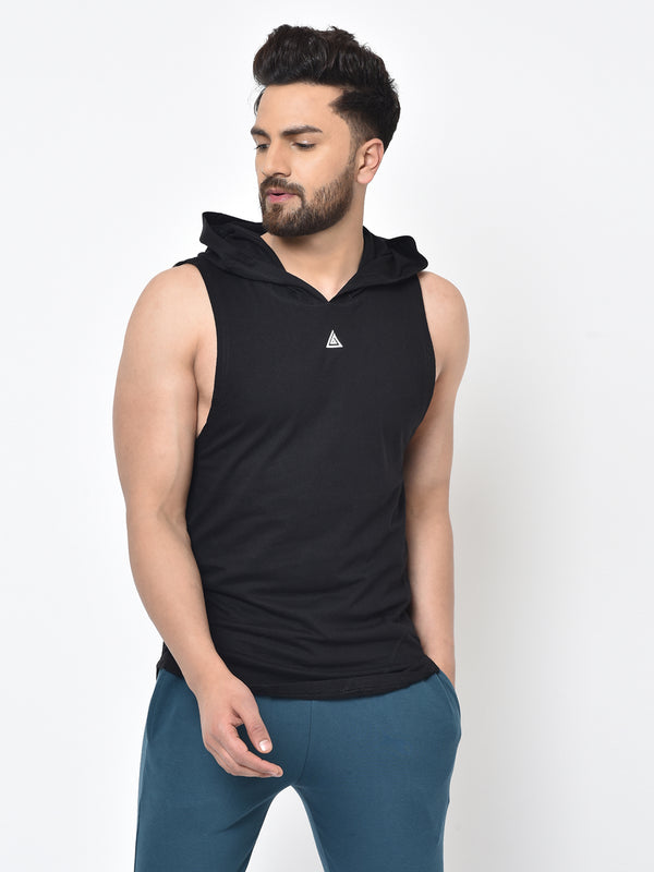 Men’s Drop Arm Sleeveless Hoodie- BLACK